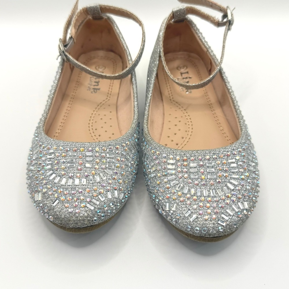 Link Comfort Girls Silver Glitter Rhinestone Ankle Strap Dress Shoes Size 12